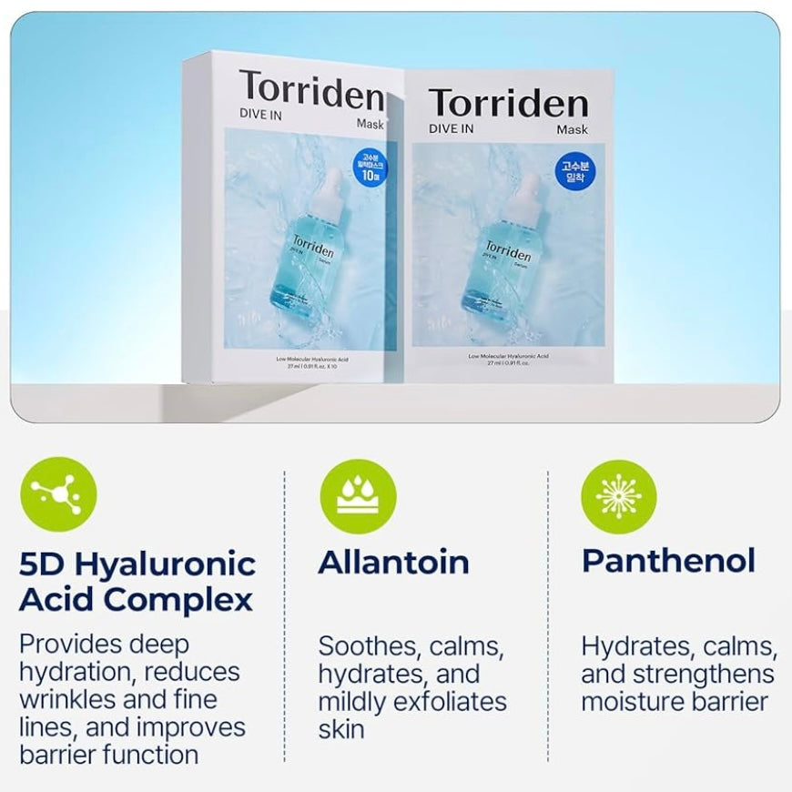 Torriden DIVE-IN Hyaluronic Acid Facial Sheet Masks (10 Count)